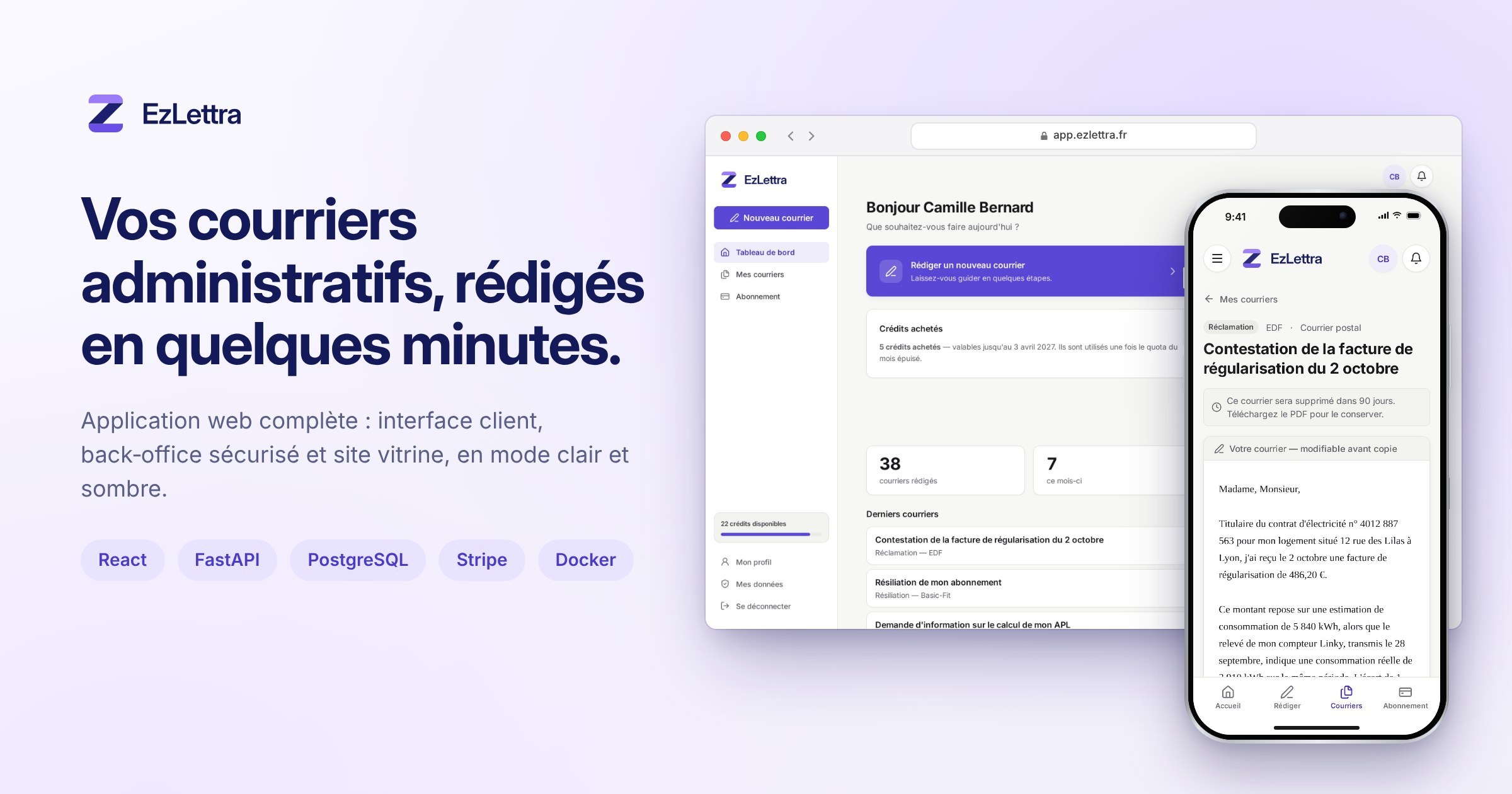 Couverture du projet EzLettra : l'application de rédaction de courriers administratifs affichée sur ordinateur et sur mobile