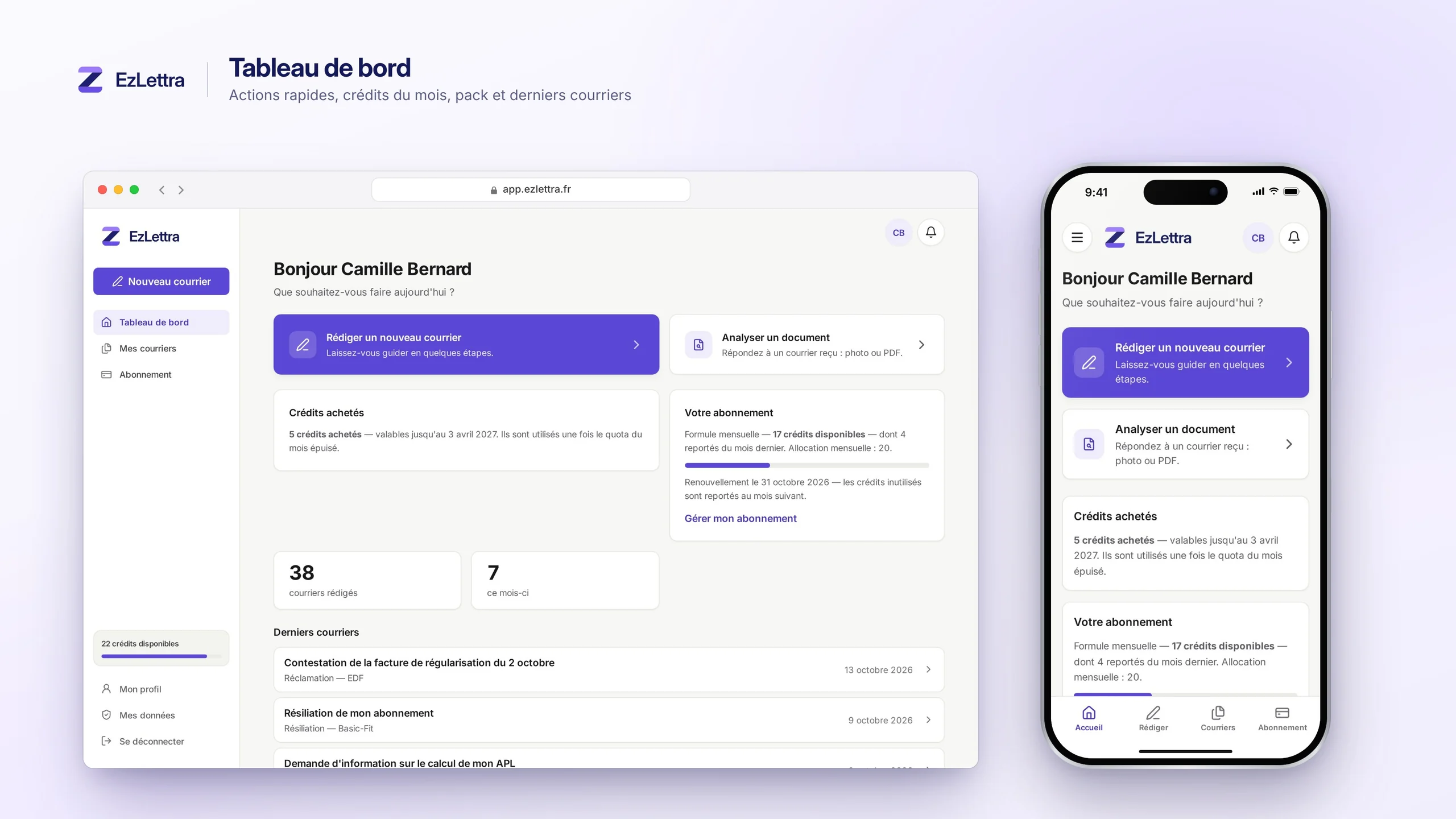 Tableau de bord client d'EzLettra avec les actions rapides, les crédits disponibles et les derniers courriers