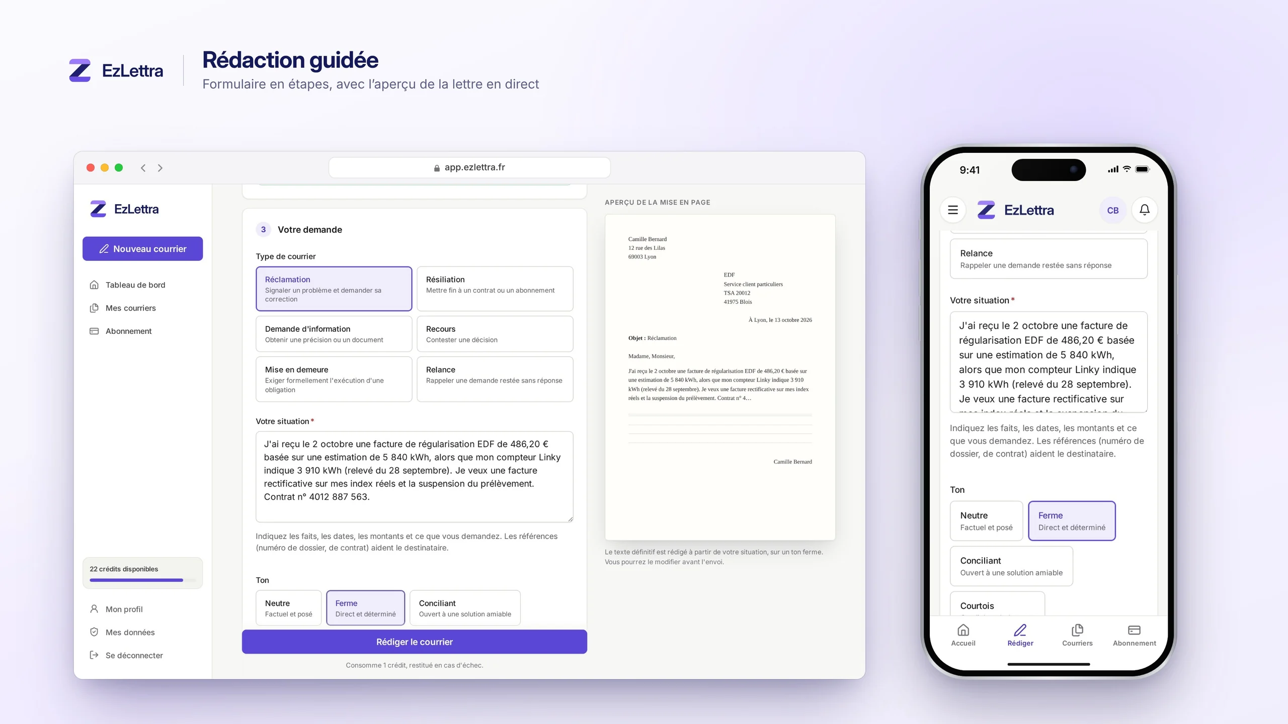 Rédaction d'un courrier dans EzLettra avec le choix du type de courrier, du ton et l'aperçu de la lettre en direct