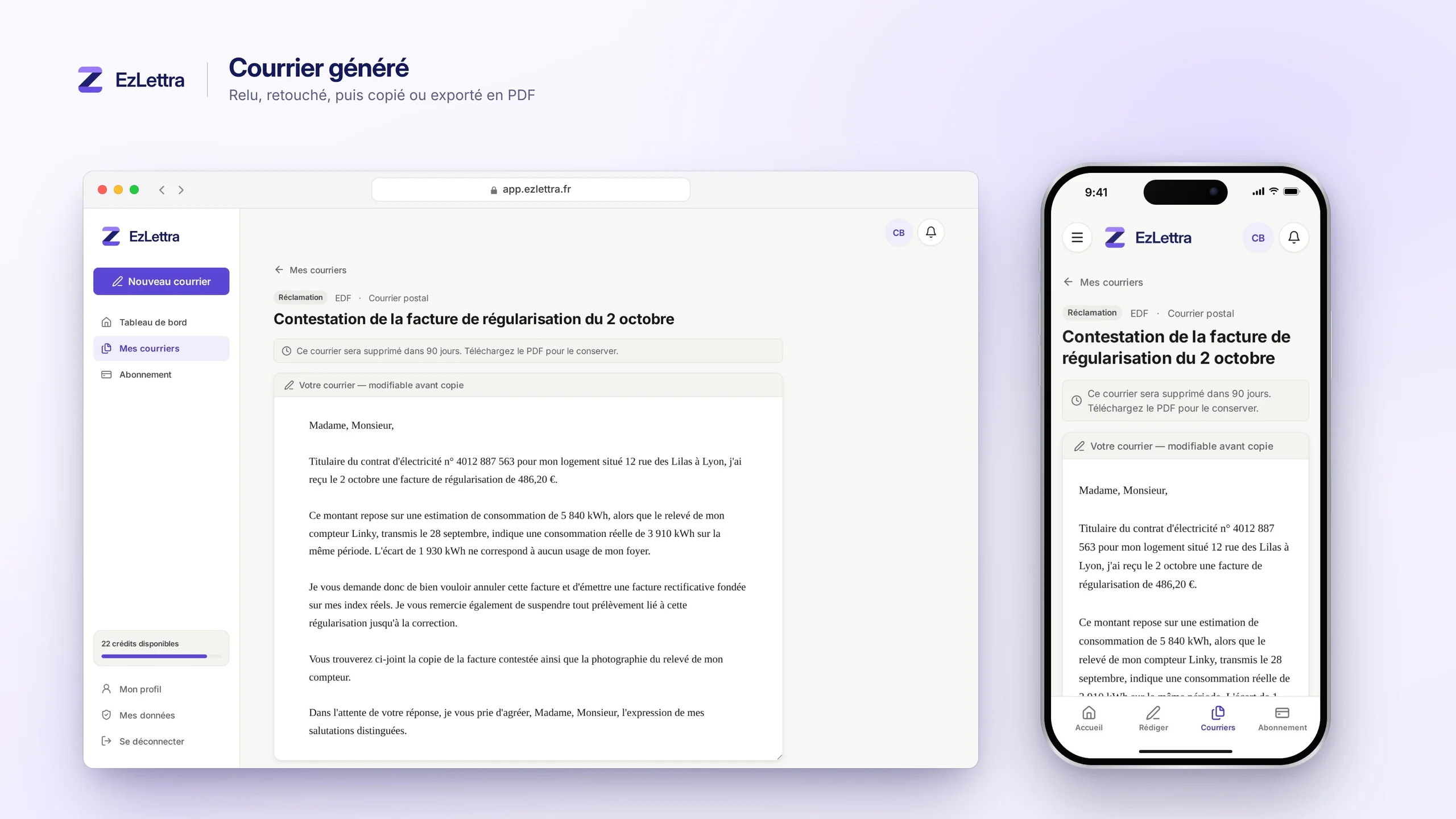 Courrier de réclamation généré par EzLettra, modifiable avant copie ou export en PDF, sur ordinateur et sur mobile