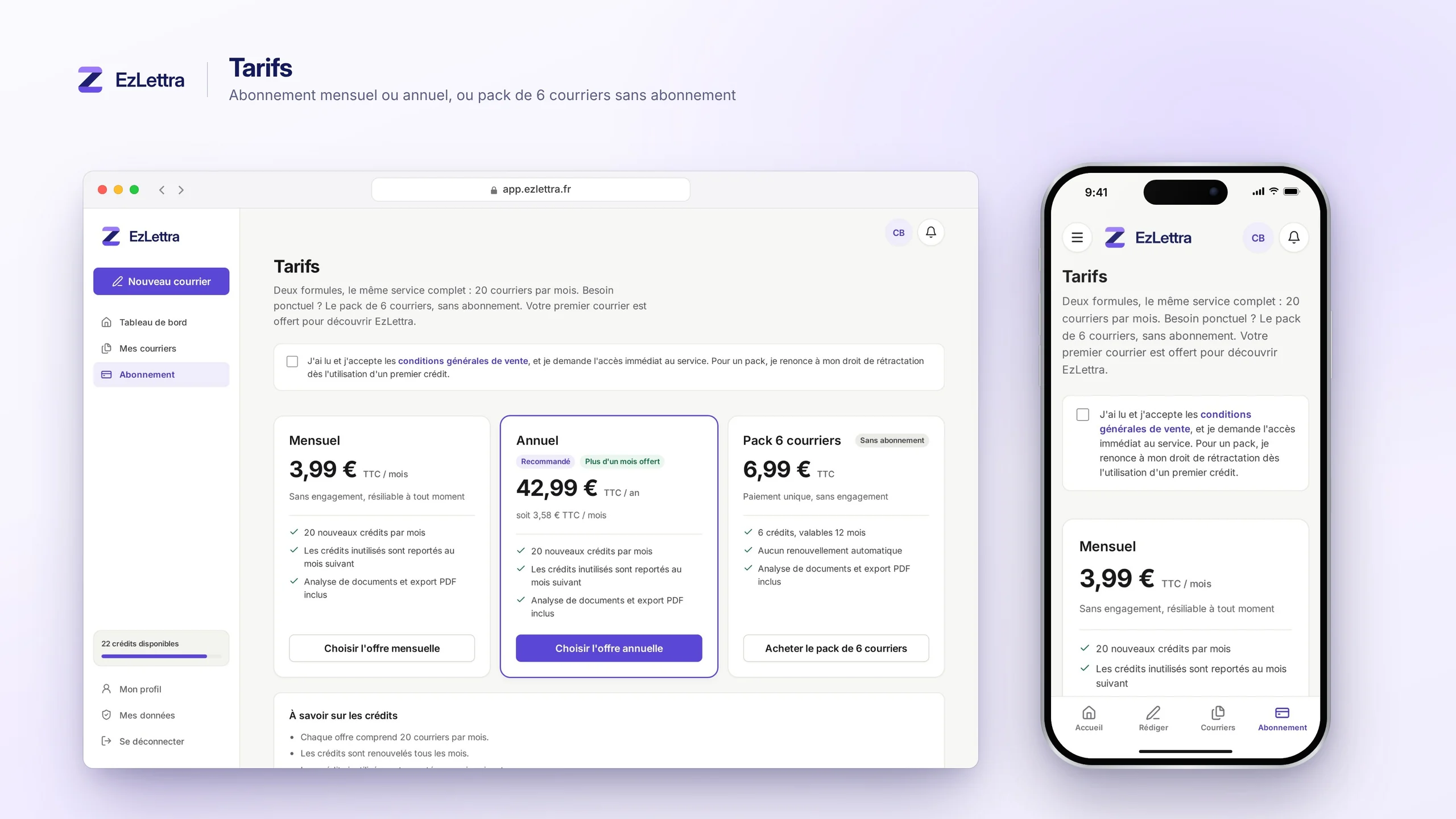 Page des tarifs d'EzLettra : formule mensuelle, formule annuelle et pack de 6 courriers sans abonnement