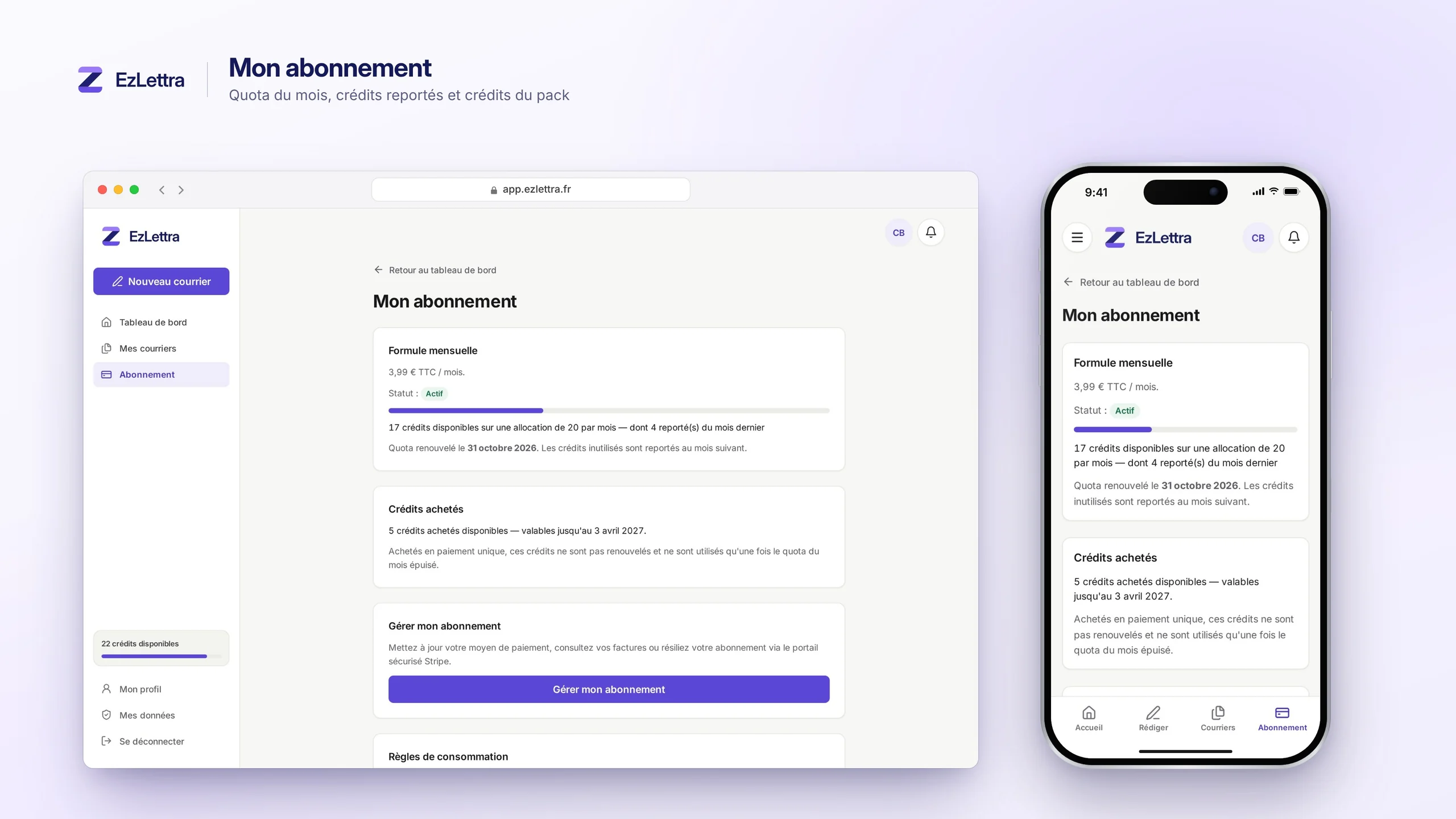 Espace « Mon abonnement » d'EzLettra avec la formule en cours, les crédits du mois et les crédits achetés
