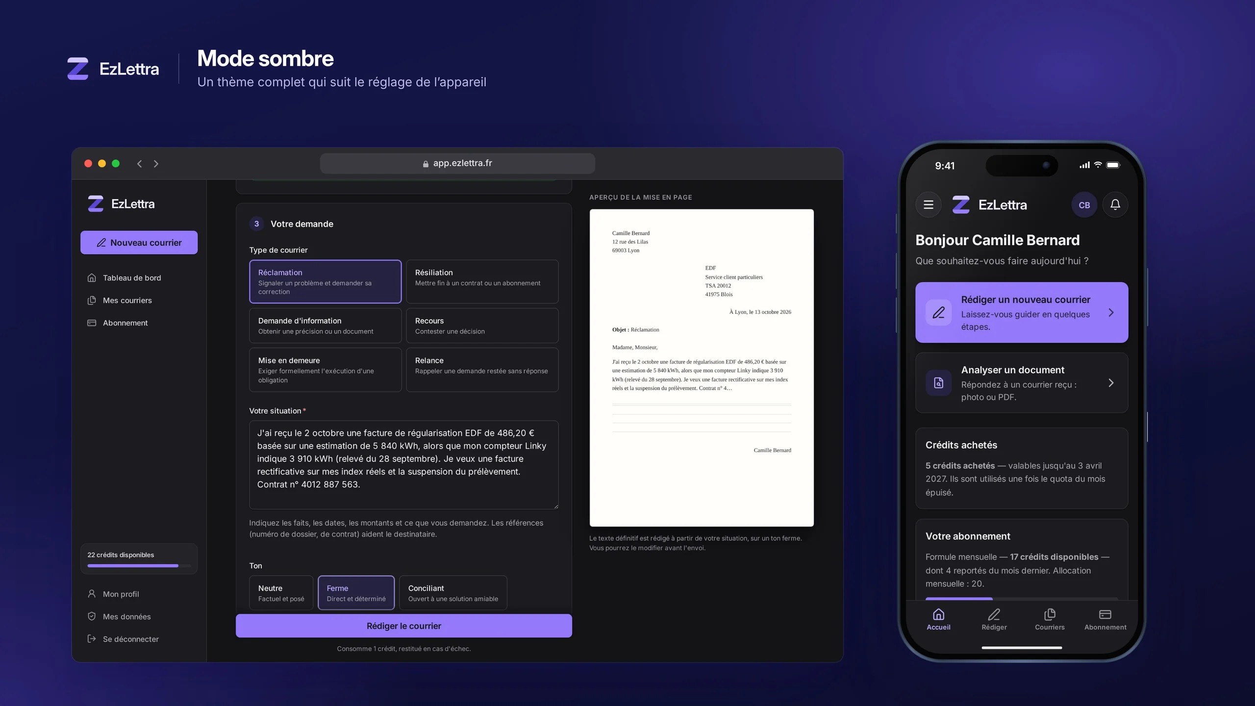 Écran de rédaction d'EzLettra en mode sombre, sur ordinateur et sur mobile