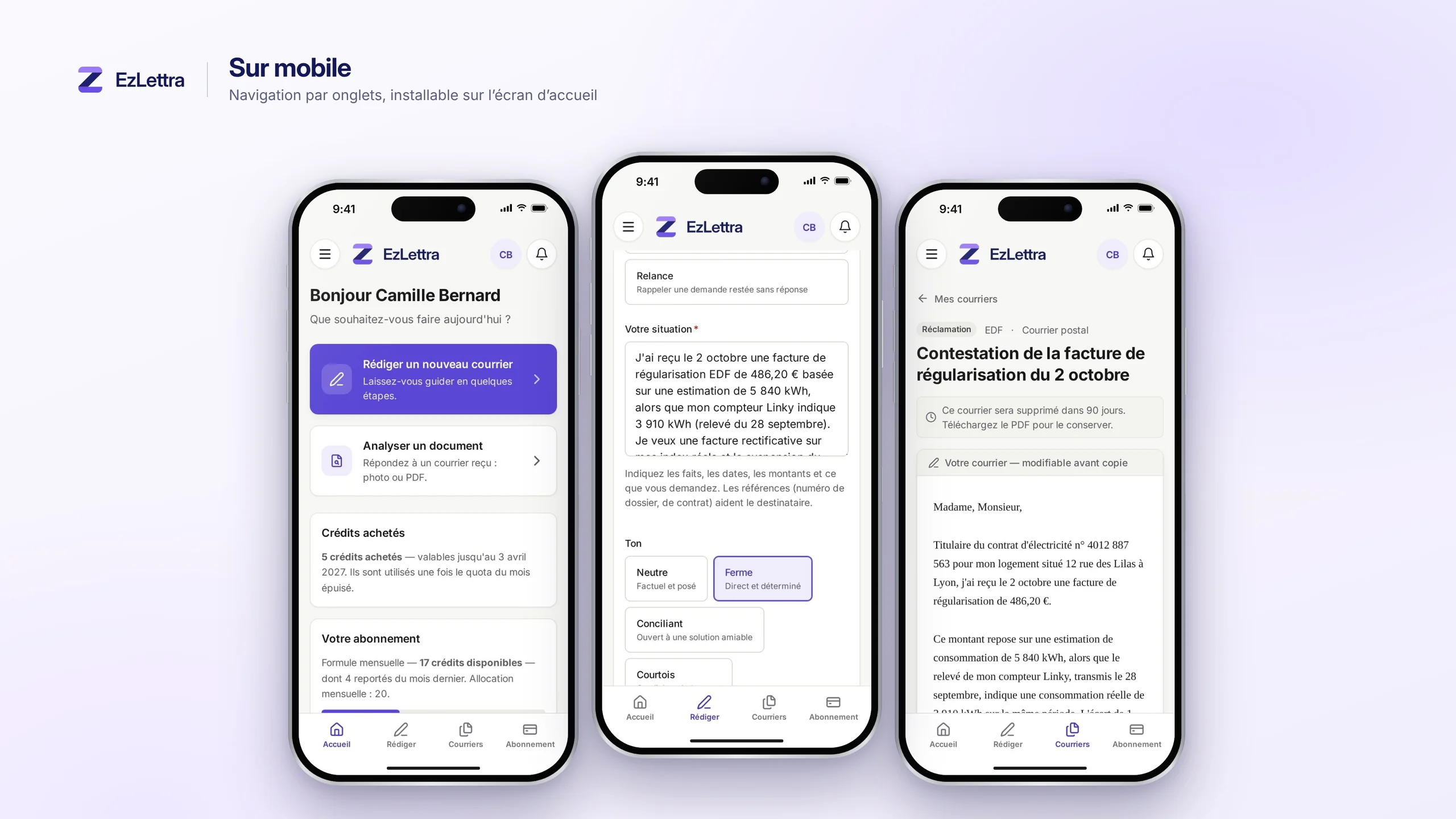 Version mobile d'EzLettra : accueil, rédaction et courrier généré, avec navigation par onglets