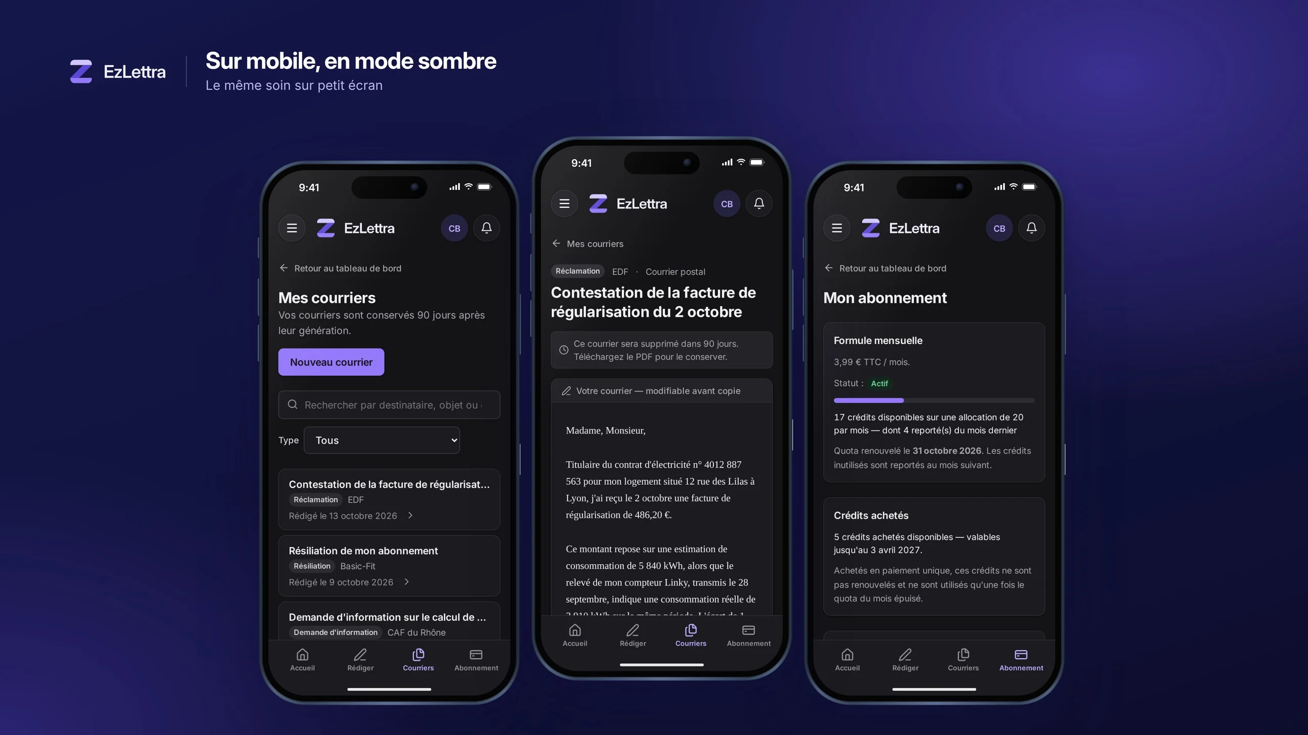 Version mobile d'EzLettra en mode sombre : liste des courriers, courrier généré et abonnement