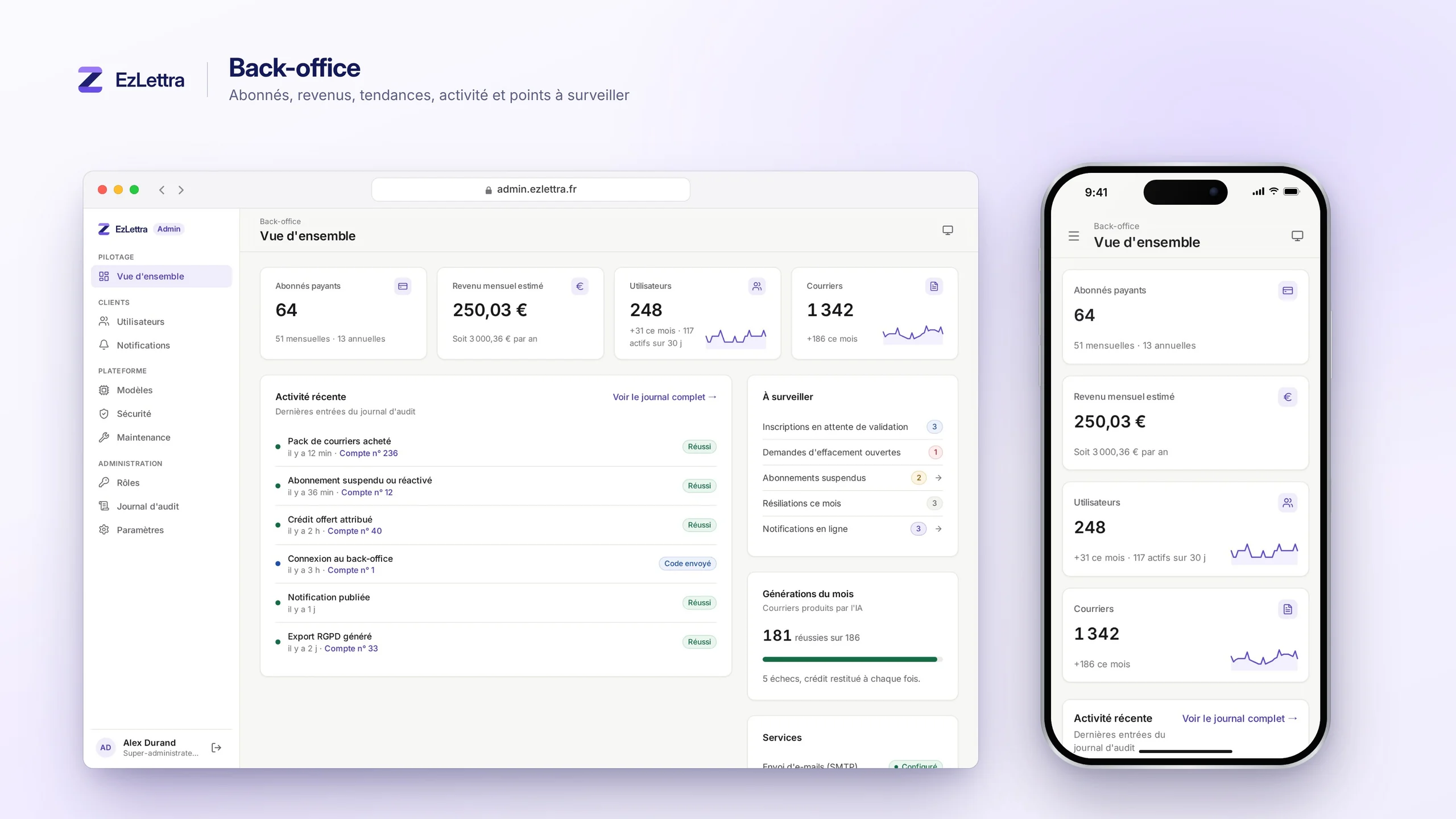 Vue d'ensemble du back-office d'EzLettra avec les indicateurs, l'activité récente et les points à surveiller, sur ordinateur et sur mobile