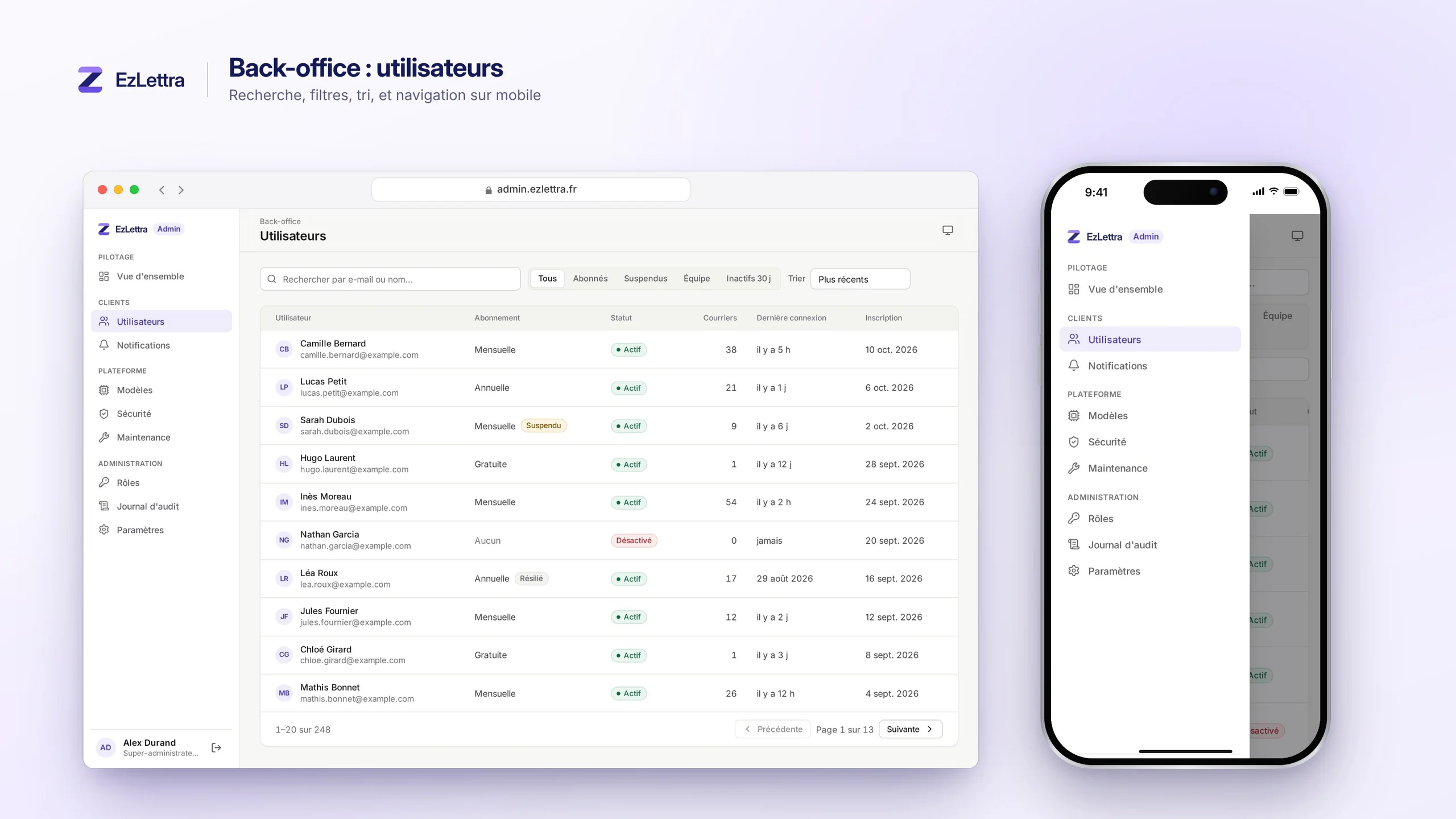 Liste des utilisateurs dans le back-office d'EzLettra, avec recherche, filtres et version mobile