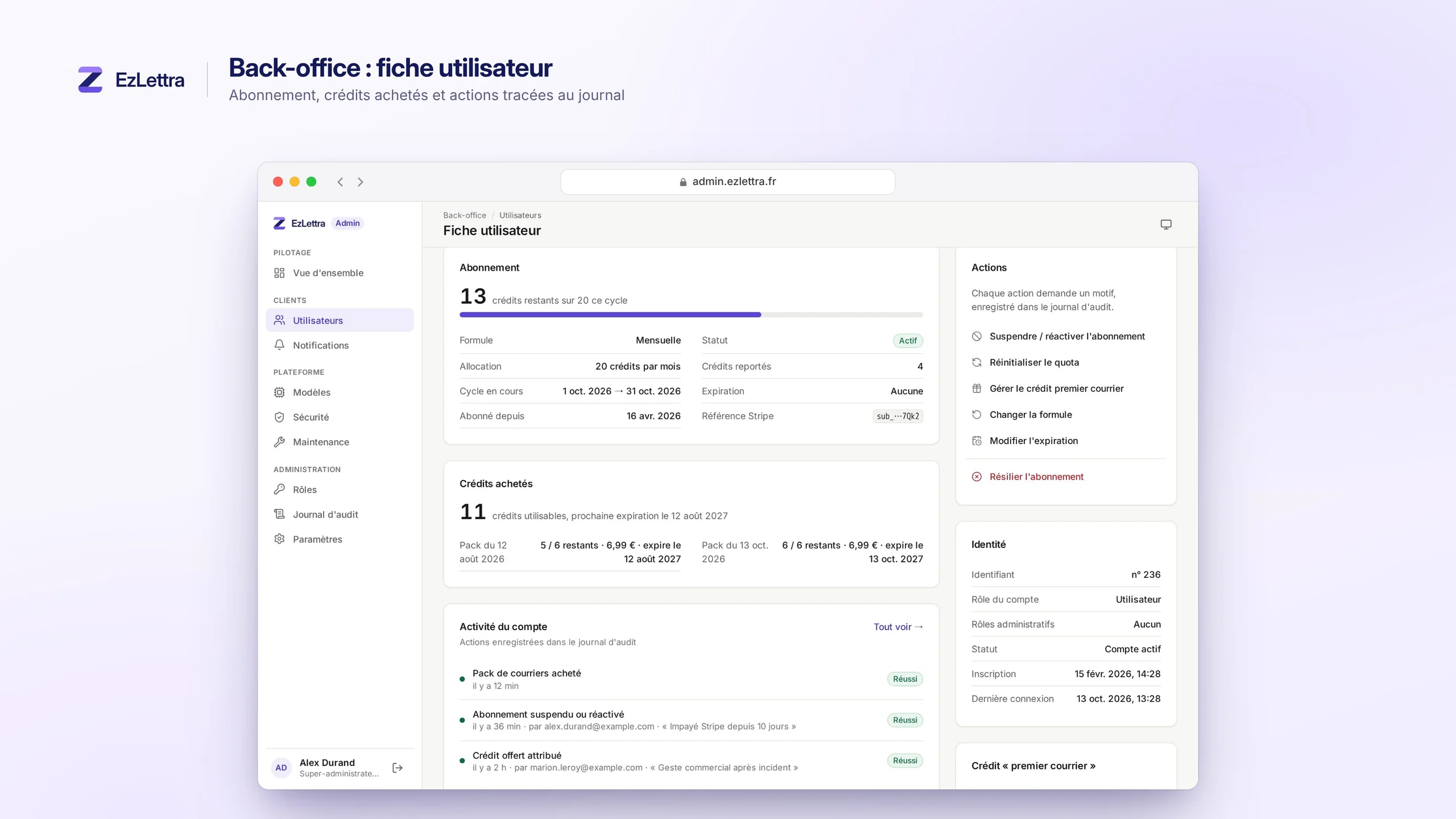 Fiche utilisateur dans le back-office d'EzLettra : abonnement, crédits achetés, actions et activité tracée