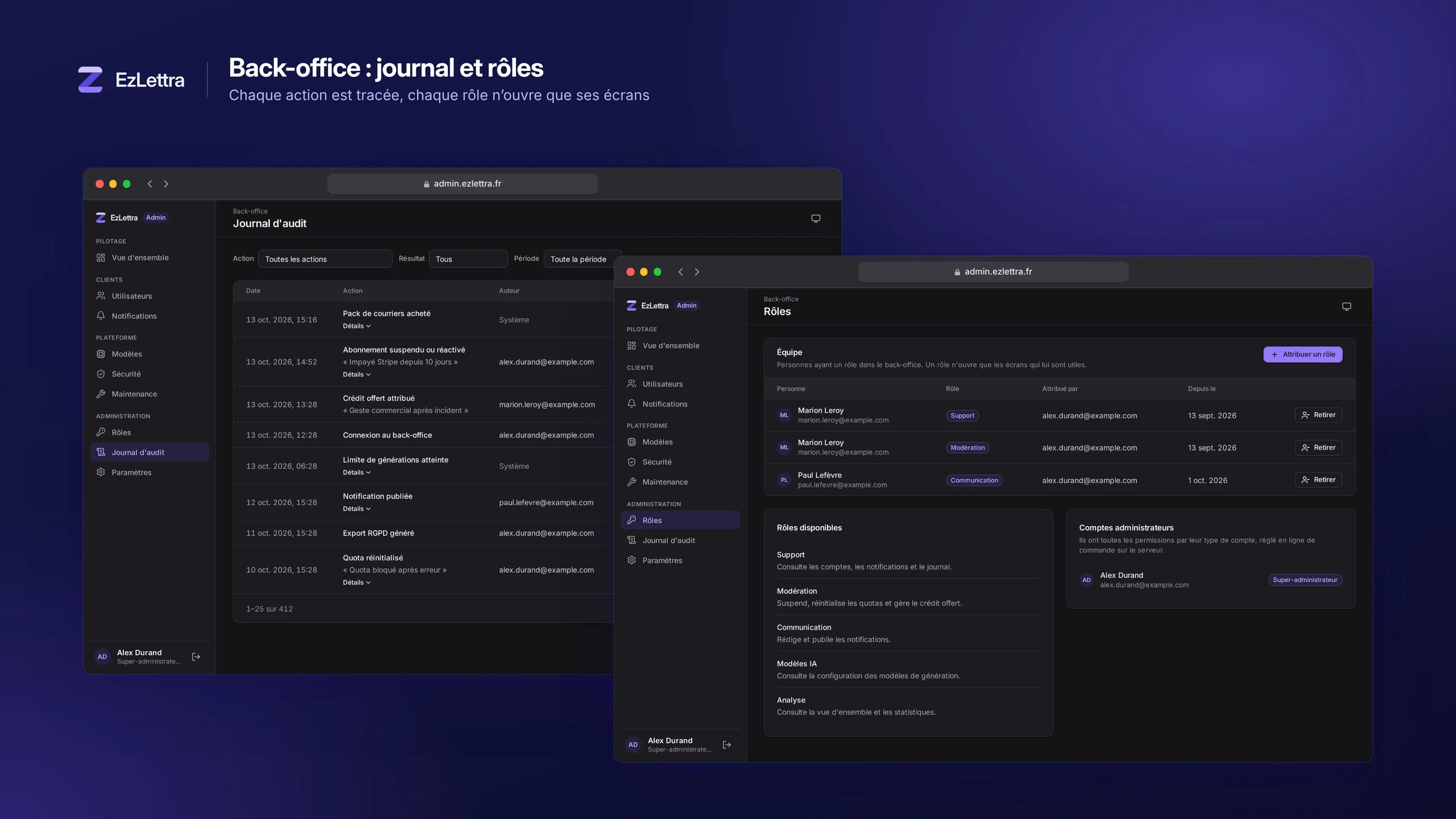 Journal d'audit et gestion des rôles dans le back-office d'EzLettra, en mode sombre