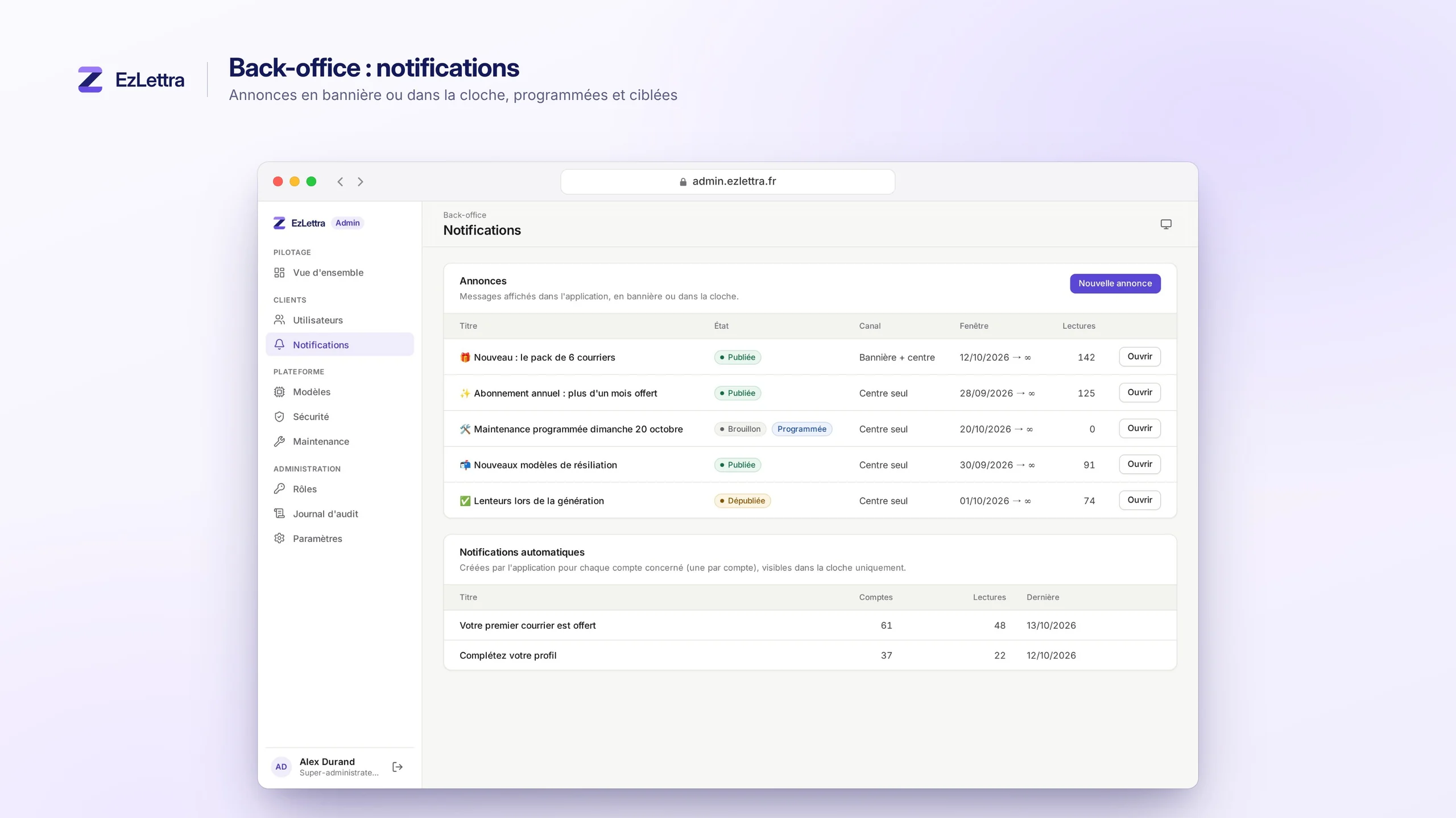 Gestion des annonces et notifications aux utilisateurs dans le back-office d'EzLettra