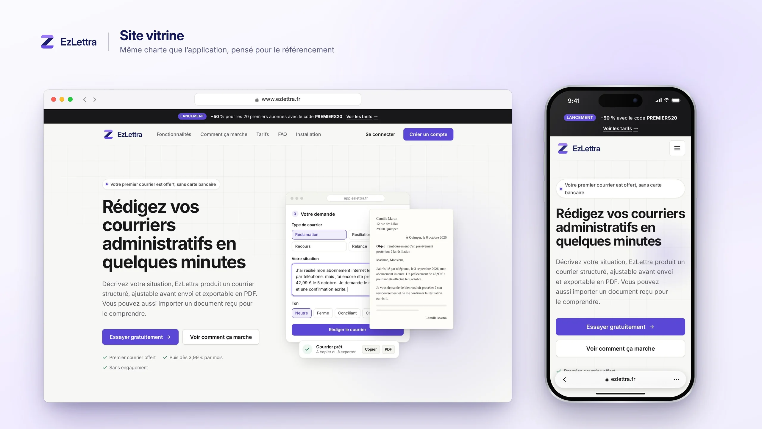 Site vitrine d'EzLettra sur ordinateur et sur mobile