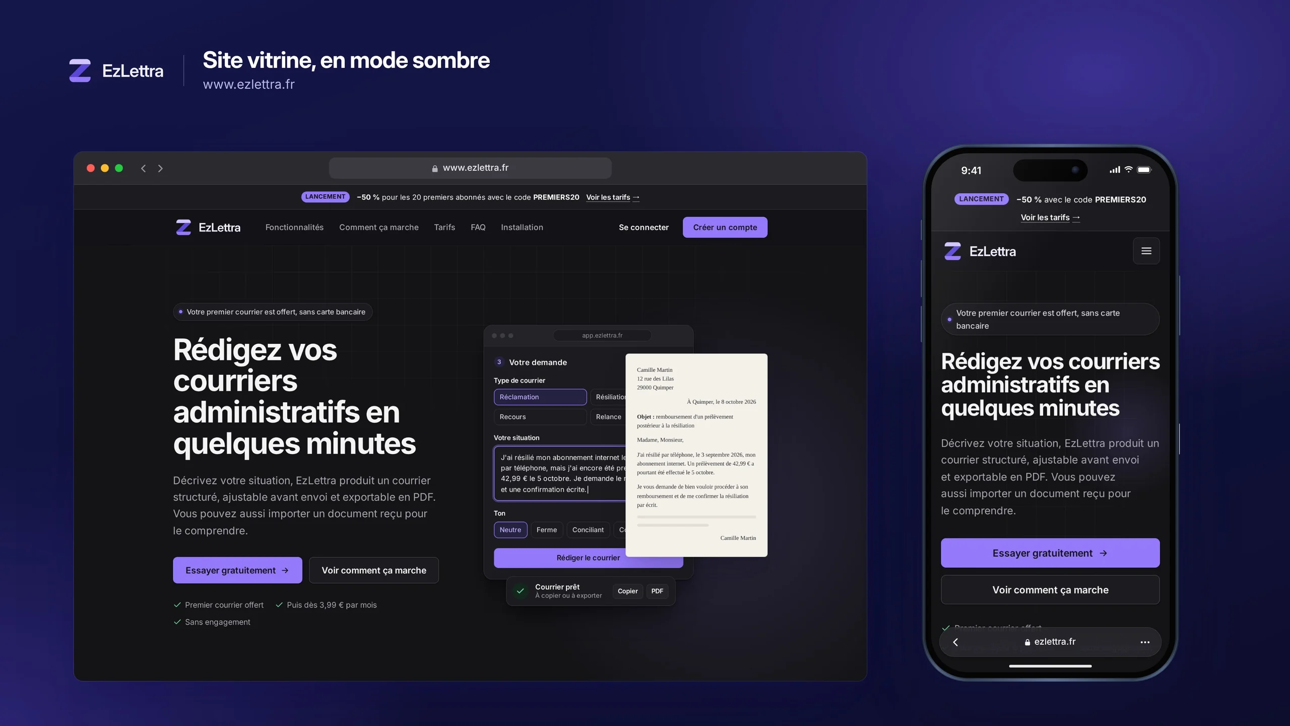 Site vitrine d'EzLettra en mode sombre, sur ordinateur et sur mobile